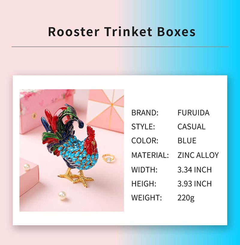 Furuida Rooster Trinket Boxes Hinged Enameled Jewelry Box Hand-Painted Animals Ornaments Craft Gift for Home Decor (Blue) - Image 2